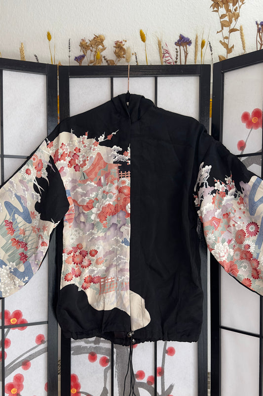 Upcycled Kimono Regular Hoodie Black