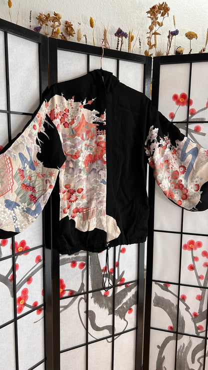 Upcycled Kimono Regular Hoodie Black