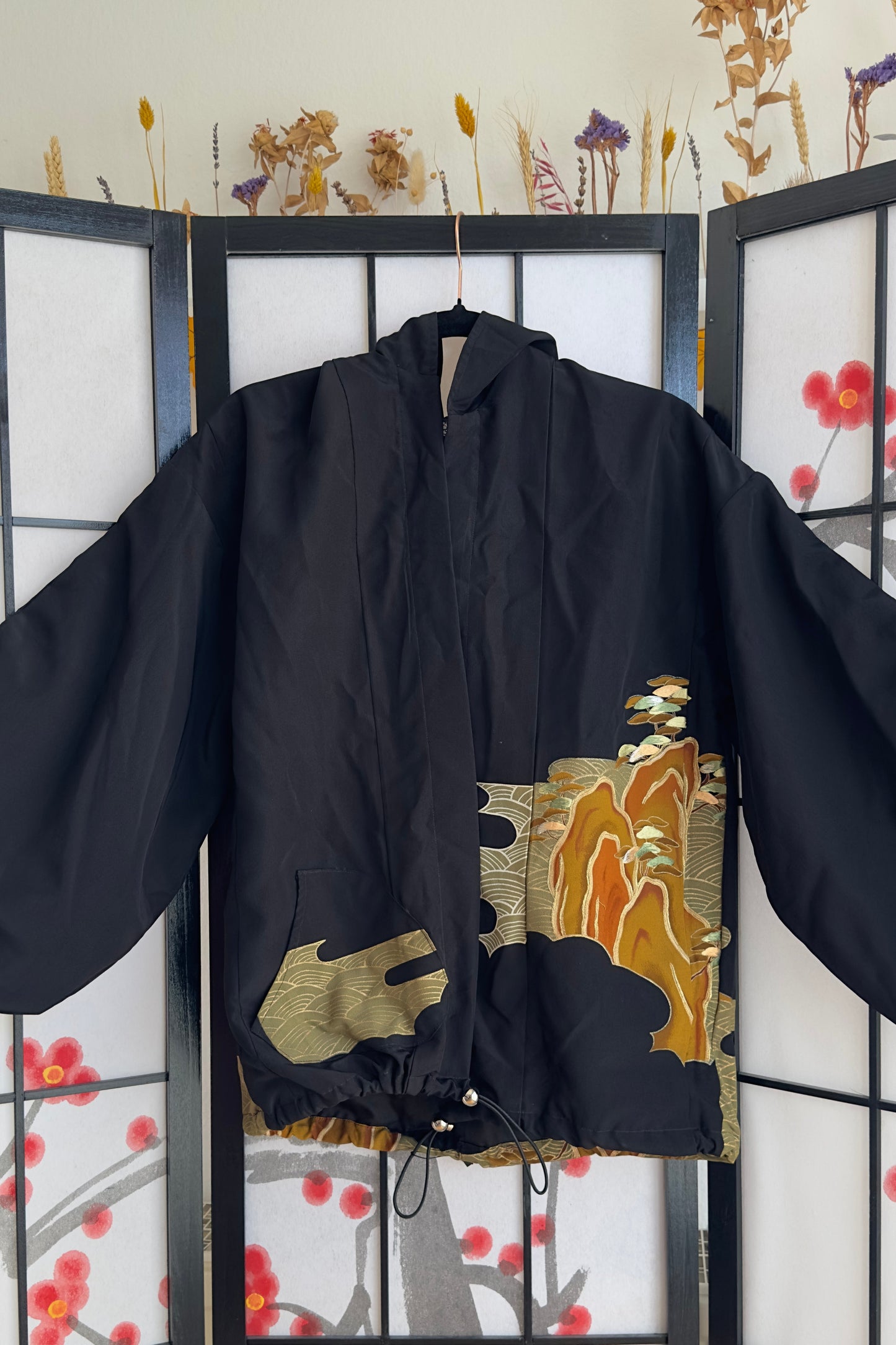 Upcycled Kimono Regular Hoodie Black