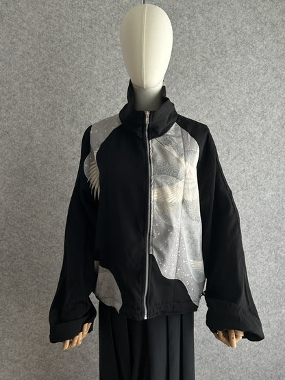 Black high collar kimono jacket with grey bird panel, front view