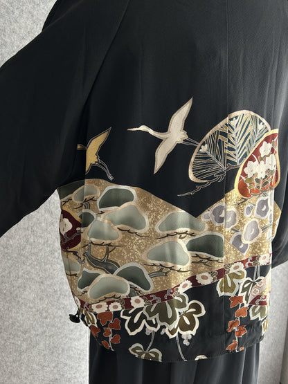 Black high collar kimono jacket, side back detail of flying birds and trees