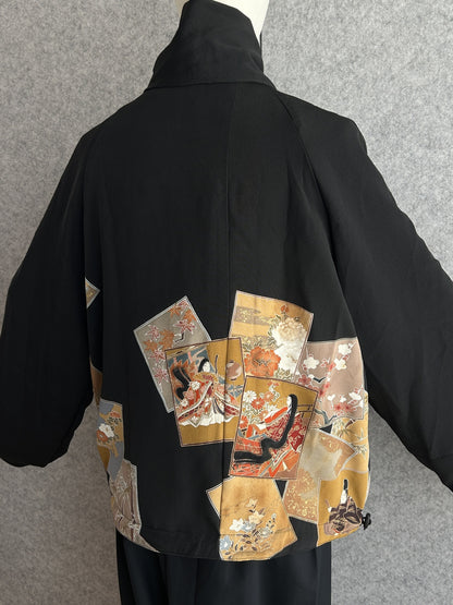 Black high collar kimono jacket with picture card design, back view