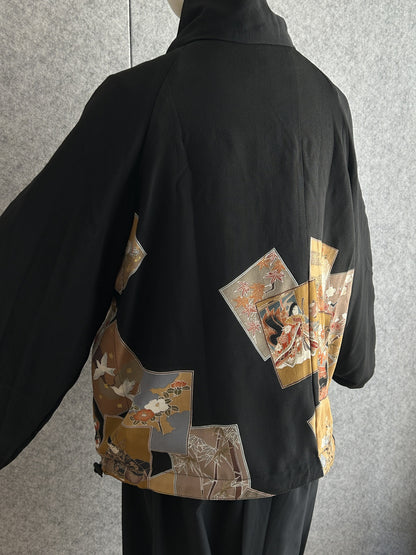 Black high collar kimono jacket, side back view of picture card design