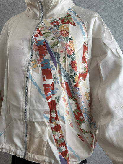 White high collar kimono jacket, detail of red floral bands on front