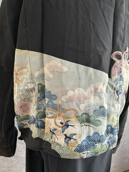 Black high collar kimono jacket, side back detail of trees and flying birds