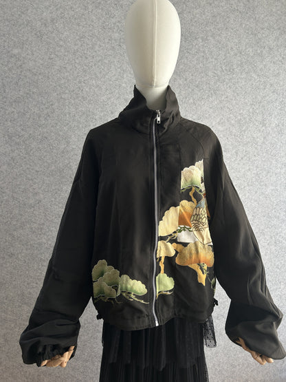 Black high collar kimono jacket with pine motifs, front view