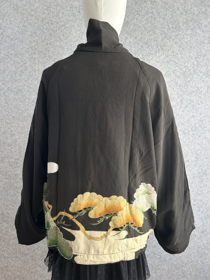 Black high collar kimono jacket with pine motifs, back view
