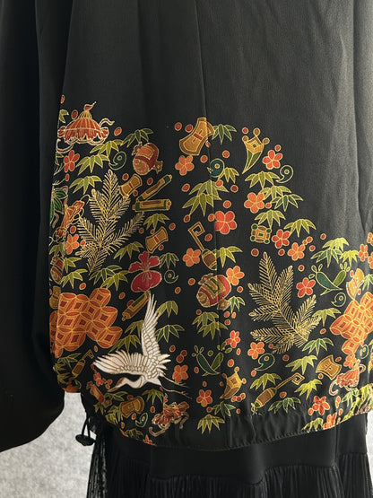 Black high collar kimono jacket with floral band, back detail with floral band and white crane
