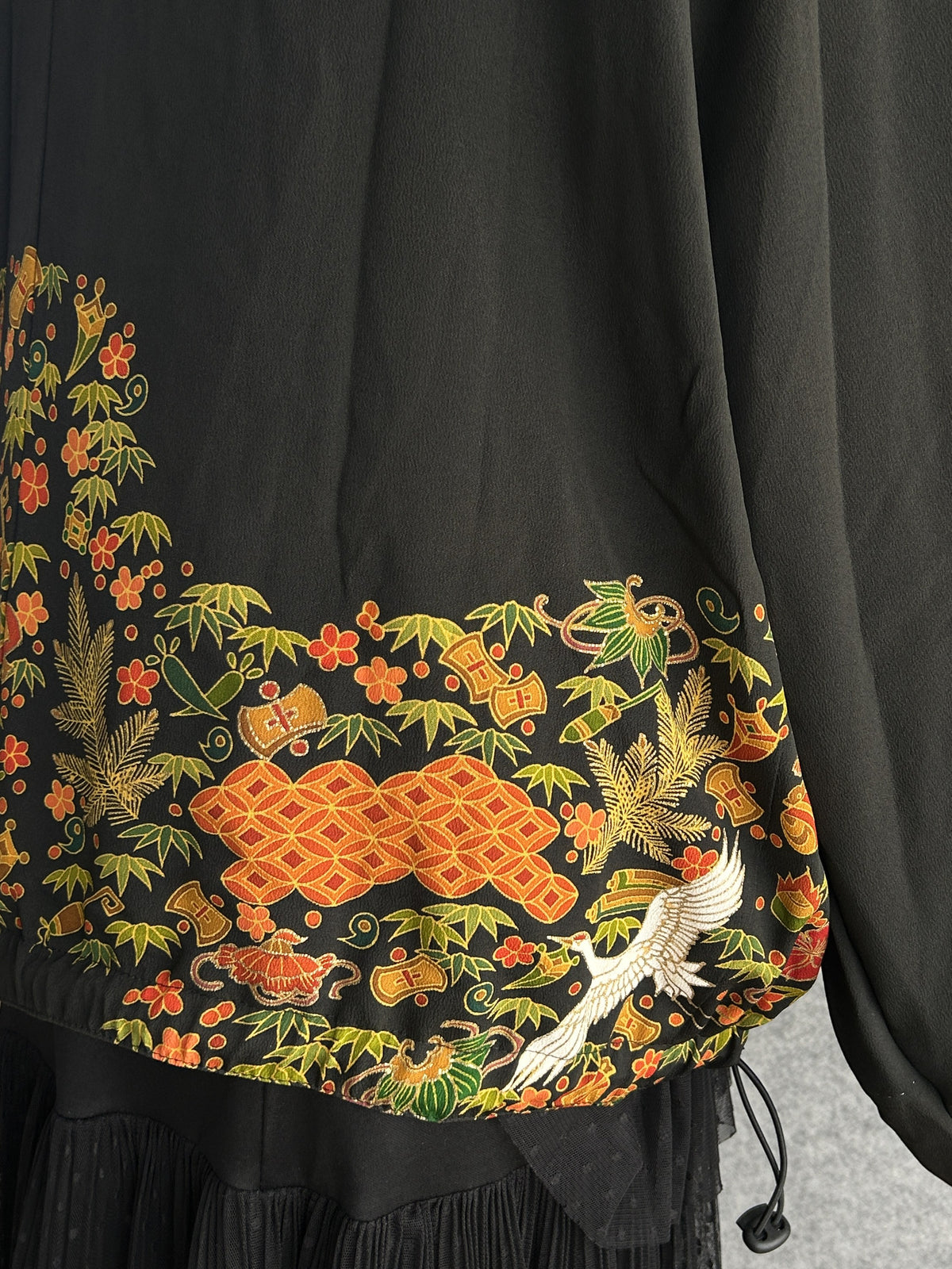 Black high collar kimono jacket with floral band, back hem detail with flowers and white crane