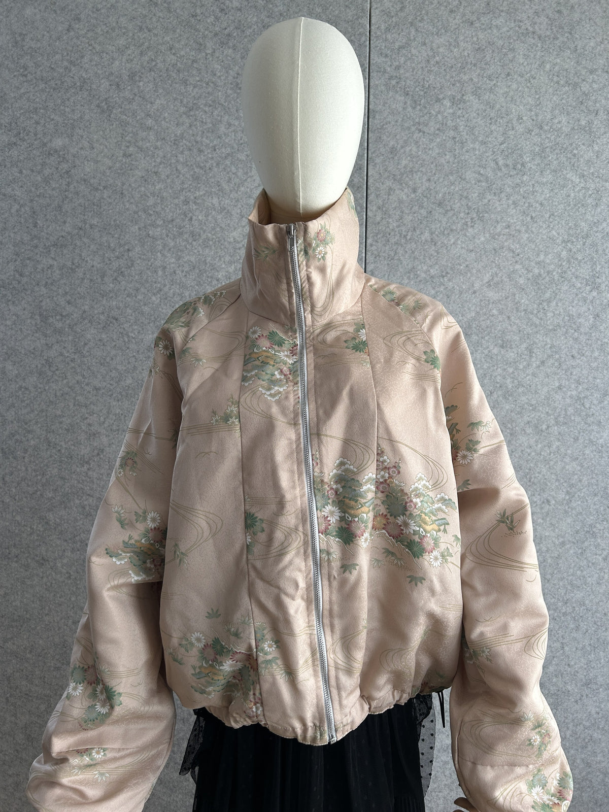 Pale beige pink high collar kimono jacket with flowers, front view