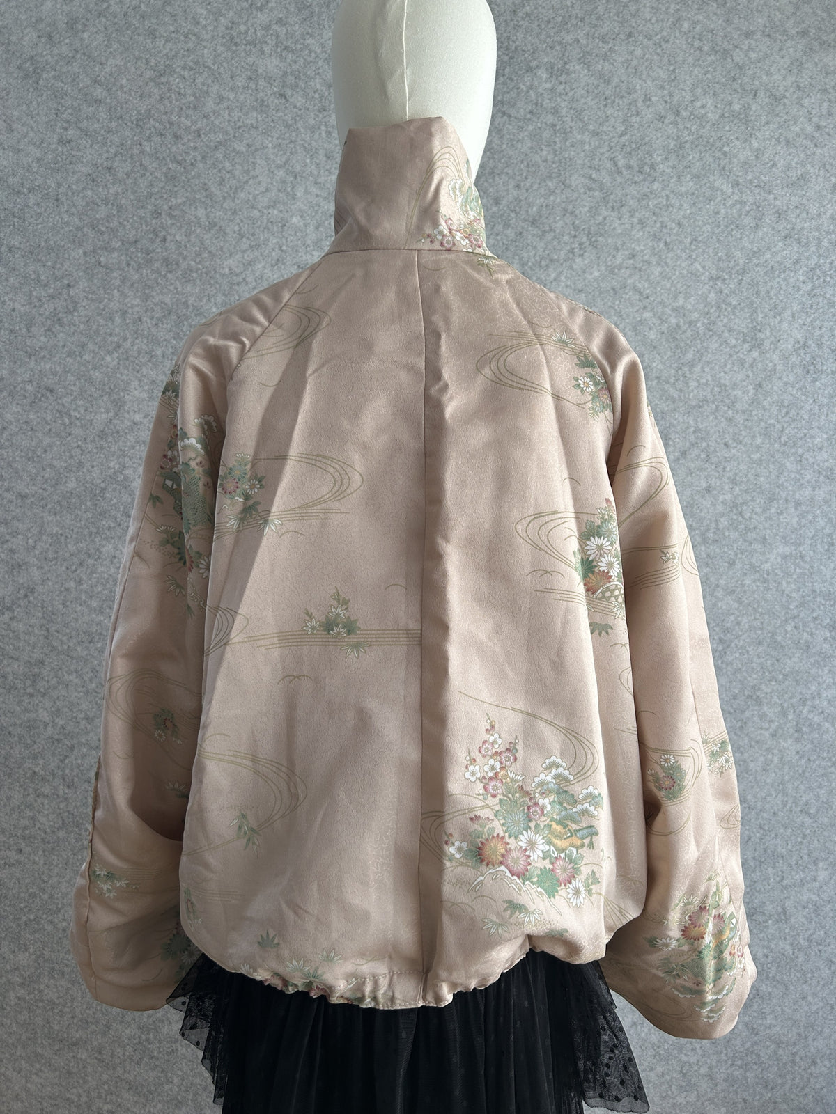 Pale beige pink high collar kimono jacket with flowers, back view