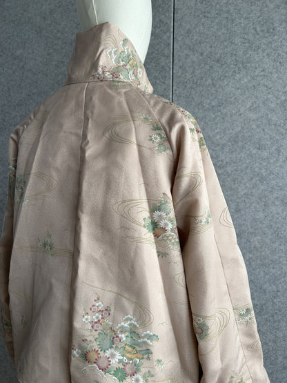 Pale beige pink high collar kimono jacket with flowers, angled back view showing collar and sleeve