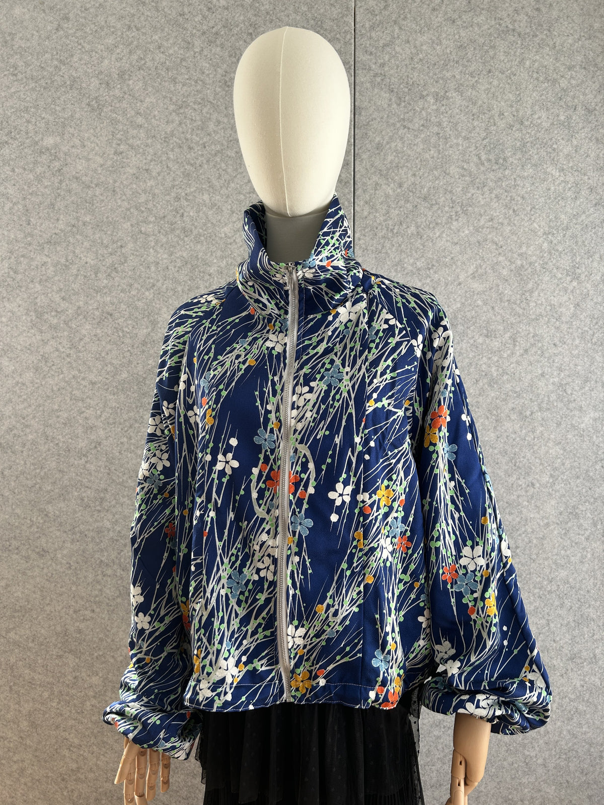 Royal blue high collar kimono jacket with small flowers, front view