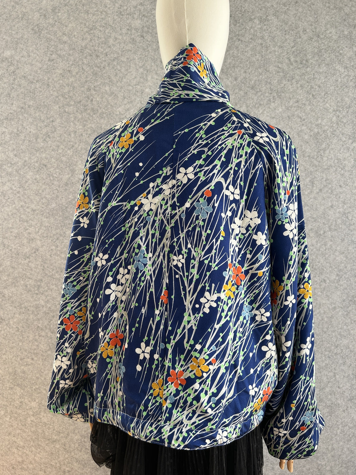 Royal blue high collar kimono jacket with small flowers, back view
