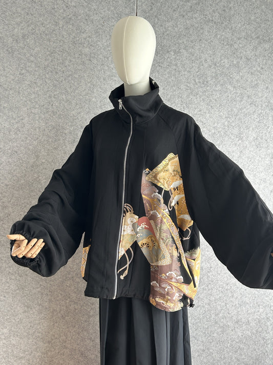 Black high collar kimono jacket with gold crane motifs, front view
