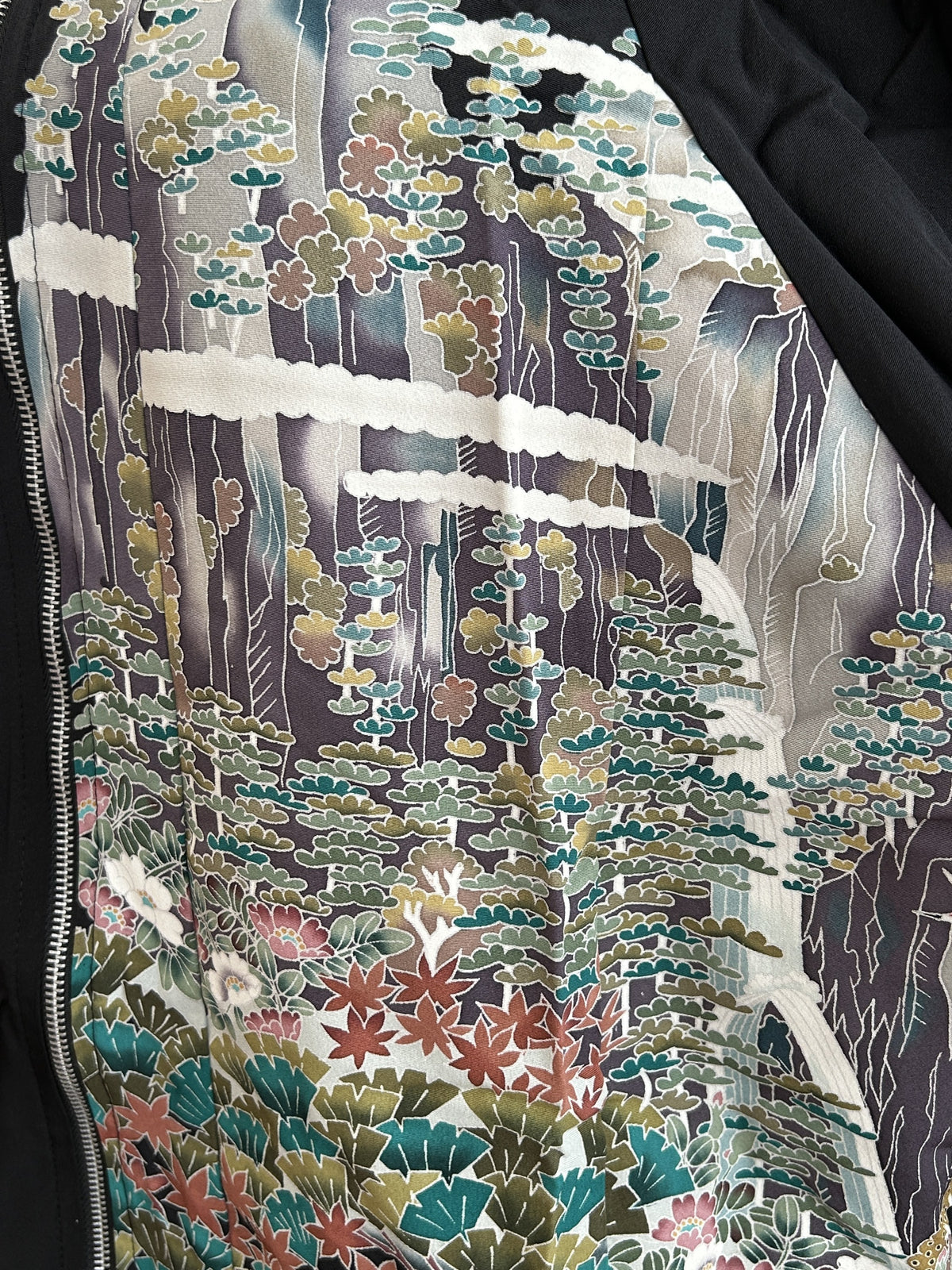 Black high collar kimono jacket with landscape scene, detail of pines and maple leaves