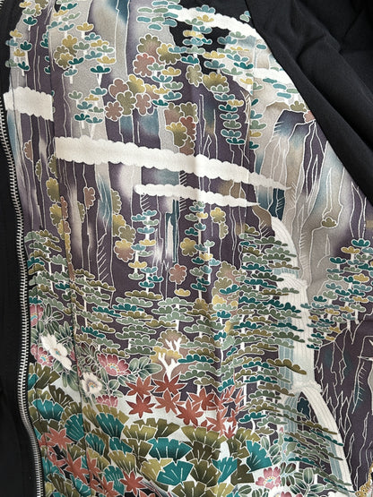 Black high collar kimono jacket with landscape scene, detail of pines and maple leaves