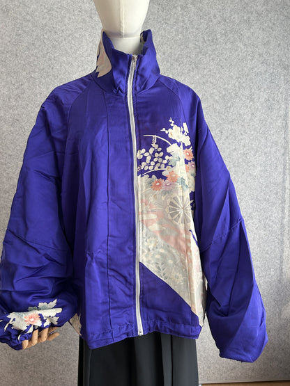 Purple high collar kimono jacket with white floral motif, front view
