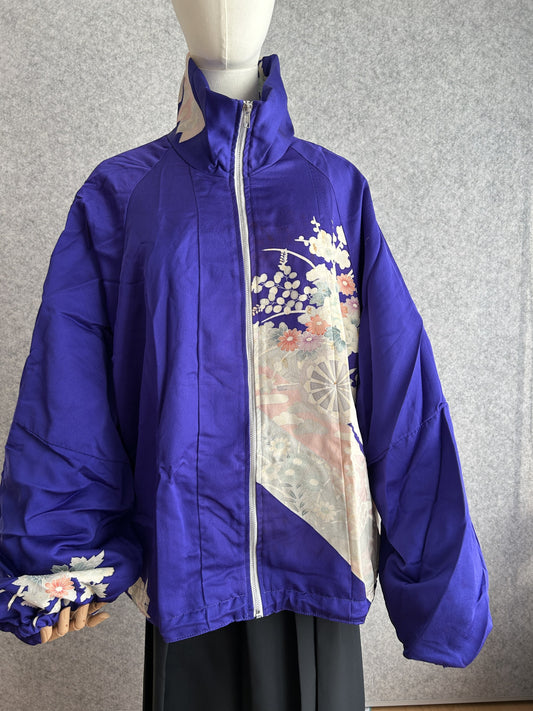 Purple high collar kimono jacket with white floral motif, front view
