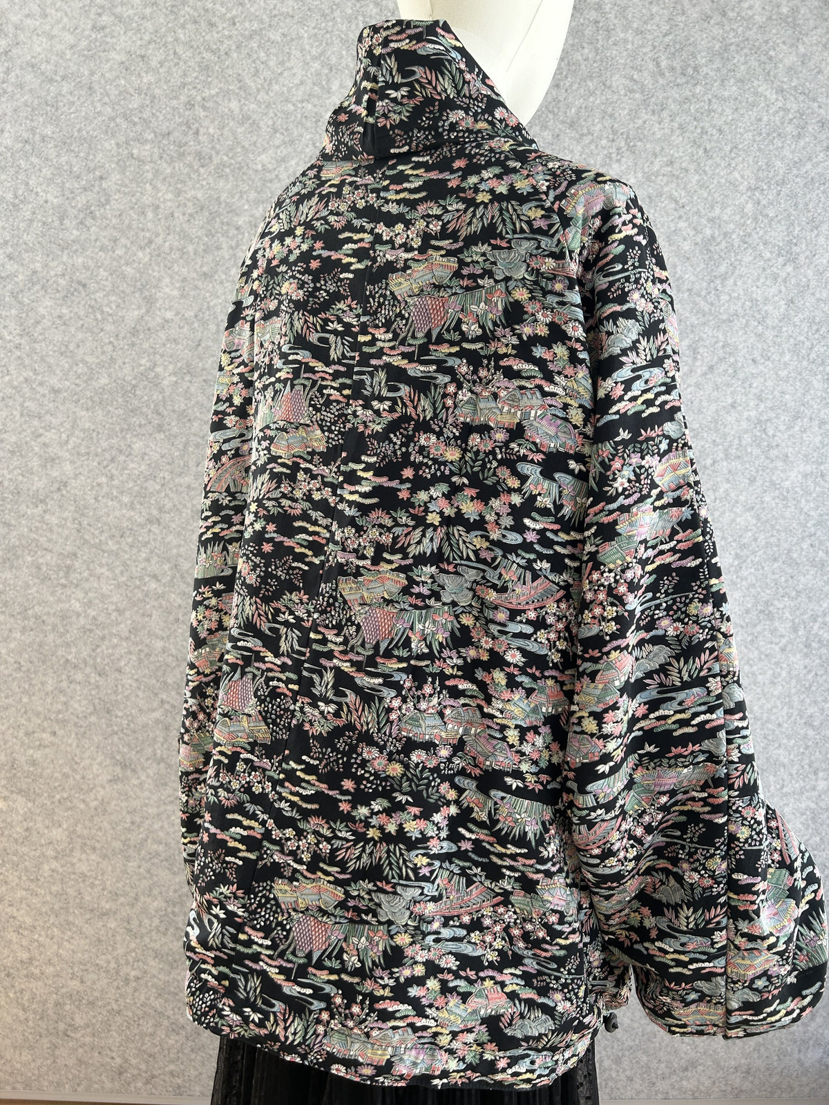 Black patterned high collar kimono jacket, back side view