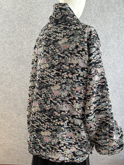 Black patterned high collar kimono jacket, back side view