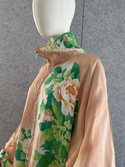 Peach kimono jacket with floral panel and high collar, side front view