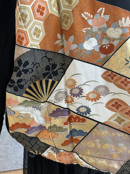 Kimono jacket back panel with fans, flowers, crane and gold details