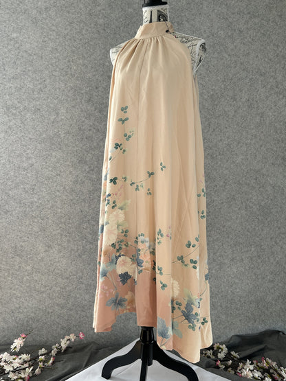 Peach kimono halter dress with painted chrysanthemums at the hem, front view
