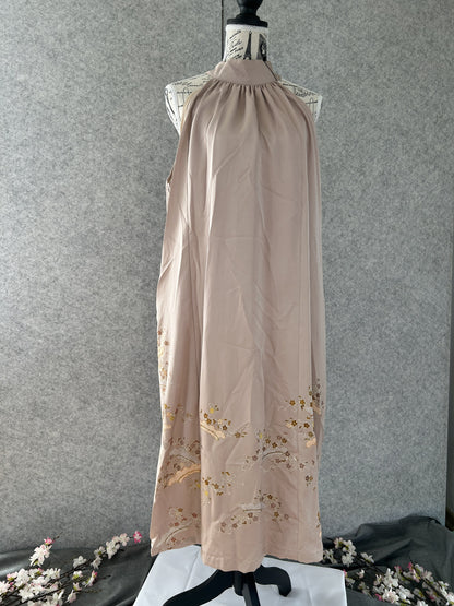 Beige kimono halter dress with embroidered blossoms at the hem, front view