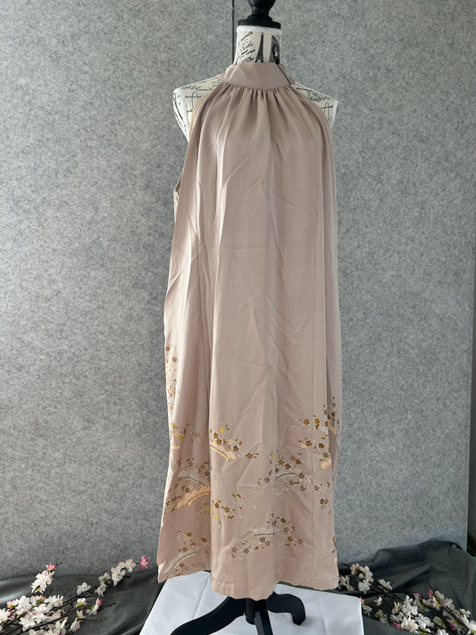 Beige kimono halter dress with embroidered blossoms at the hem, front view