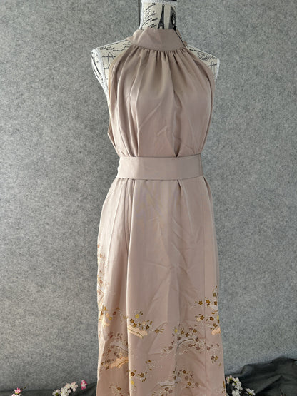 Beige kimono halter dress belted with matching sash, front view