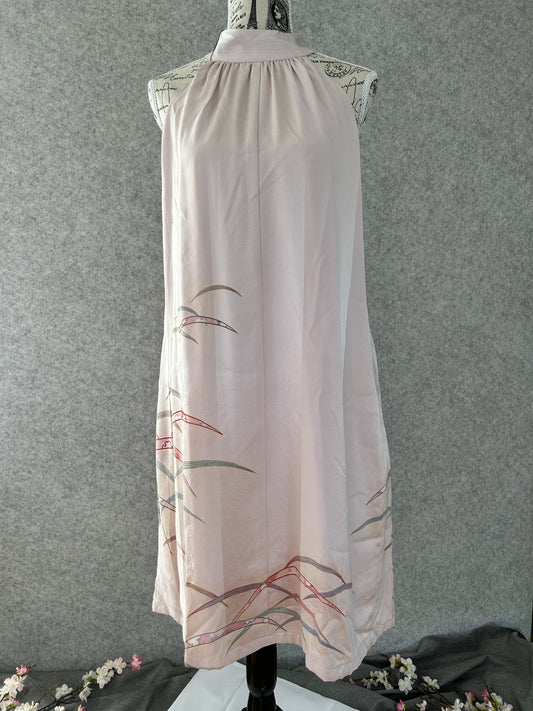 Light pink kimono halter dress with grass motifs at the hem, front view