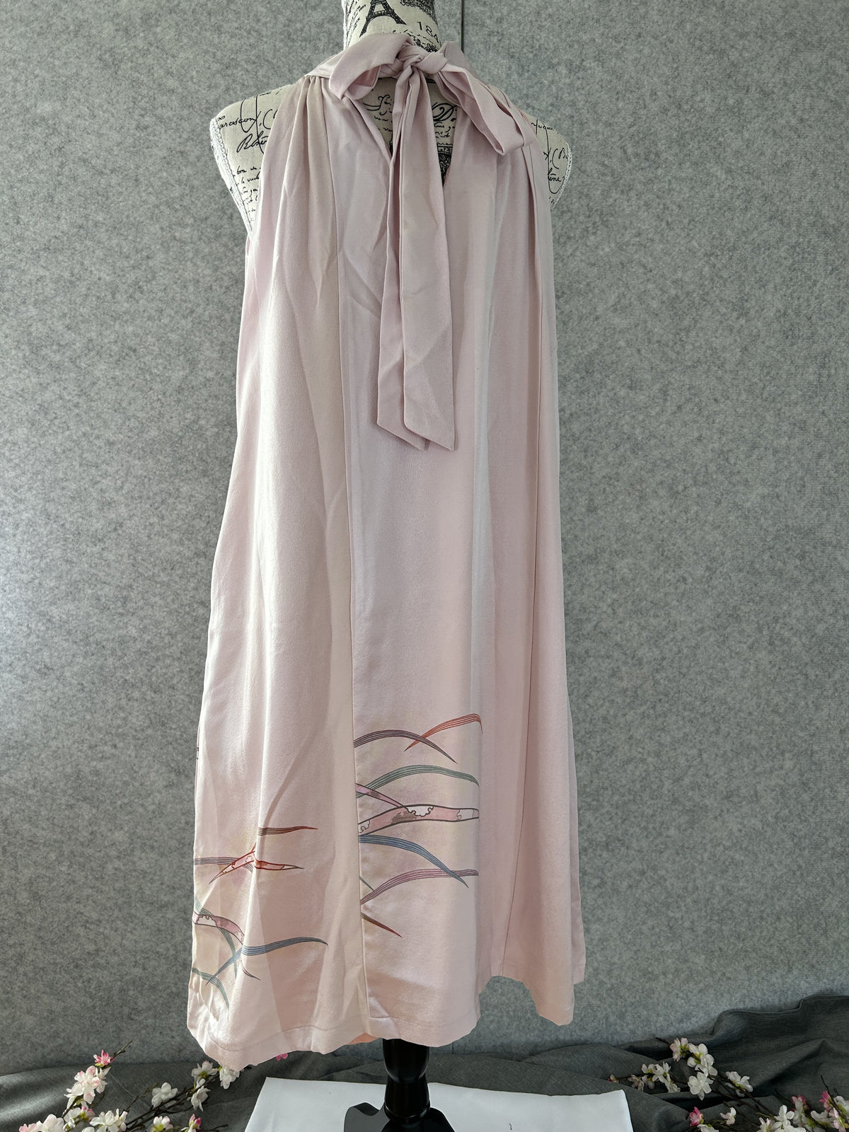 Light pink kimono halter dress with neck tie bow, back view