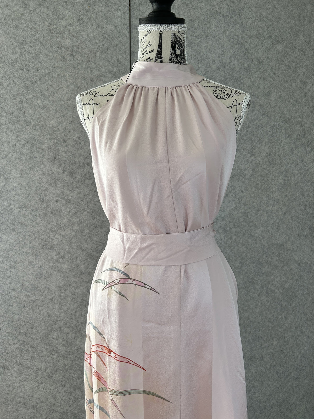 Light pink kimono halter dress with matching sash belt, front close-up