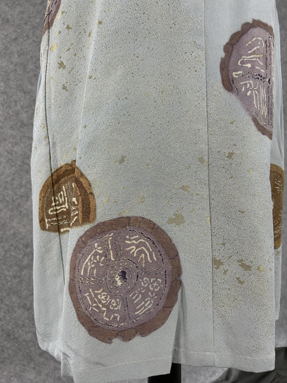 Large mauve medallion and gold flecks on sage green kimono dress skirt