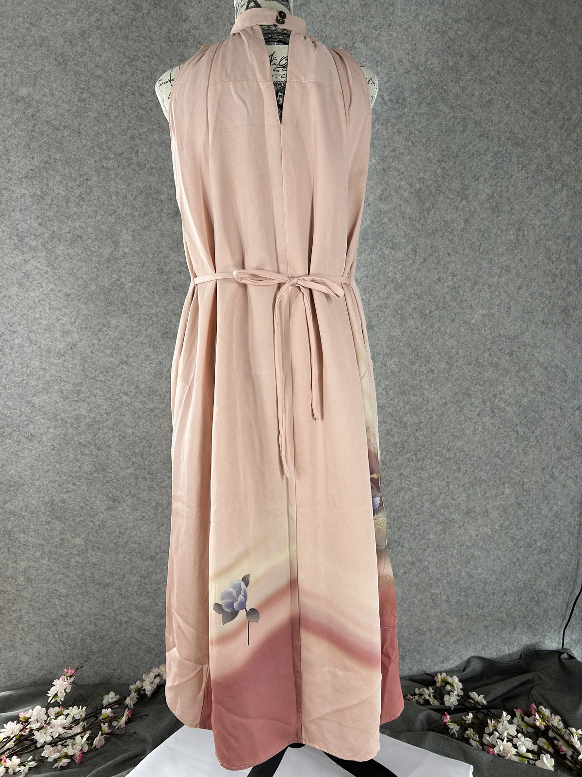 Pink kimono halter dress with back waist ties and camellia hem, back view