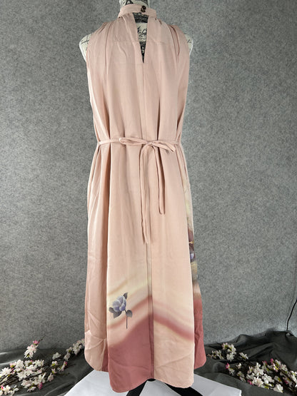 Pink kimono halter dress with back waist ties and camellia hem, back view