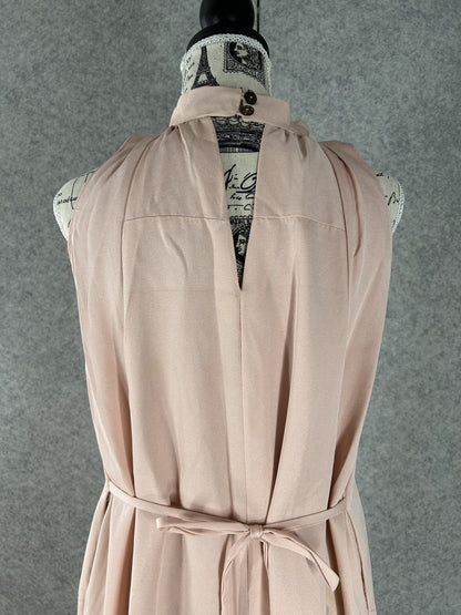 Back of pink kimono halter dress, button collar and open back detail