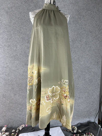 Sage green kimono halter dress with golden plum blossom hem, front view