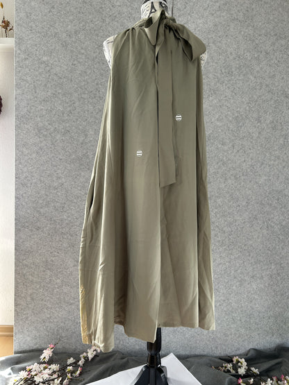 Sage green kimono halter dress with neck tie bow, back view