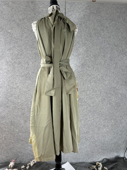Sage green kimono halter dress with sash tied at the back, back view