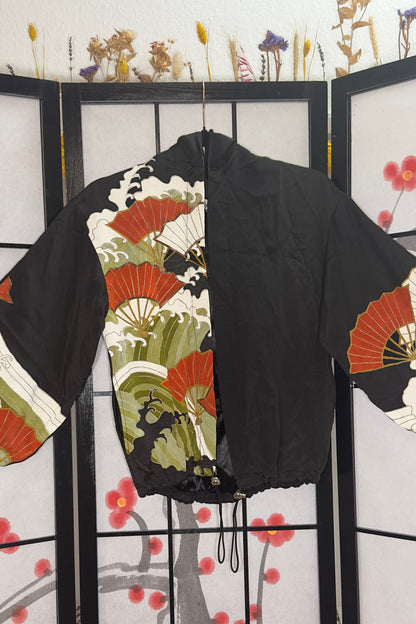 Upcycled kimono cropped hoodie HK1828, black silk with red folding fans and waves, front view