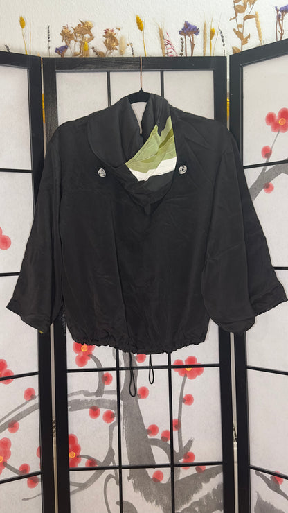 Upcycled kimono cropped hoodie HK1828, black silk with red folding fans and waves, back view