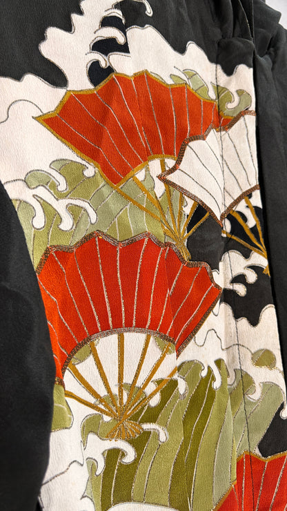 Fabric detail 1 of upcycled kimono cropped hoodie HK1828: black silk with red folding fans and waves