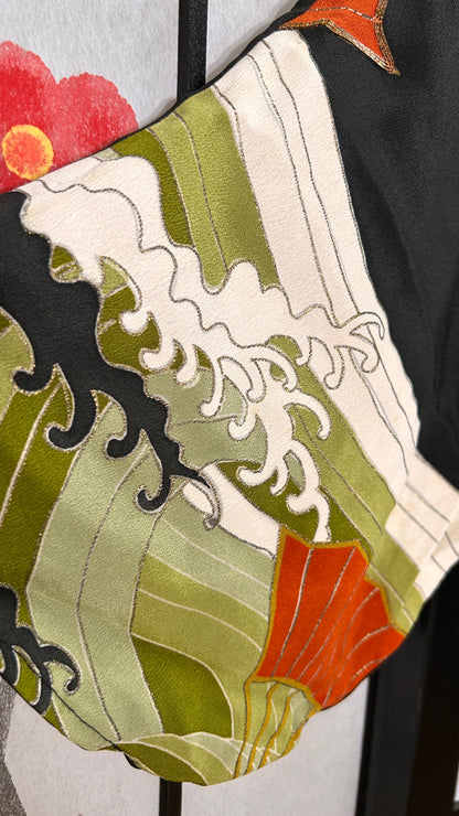 Fabric detail 2 of upcycled kimono cropped hoodie HK1828: black silk with red folding fans and waves