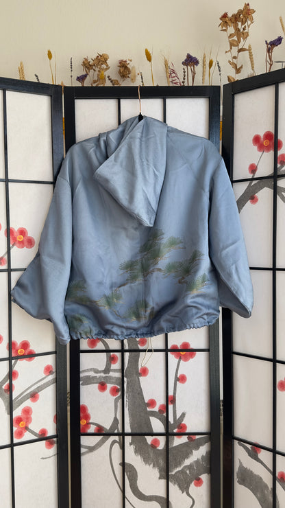 Upcycled Kimono Cropped Hoodie Blue