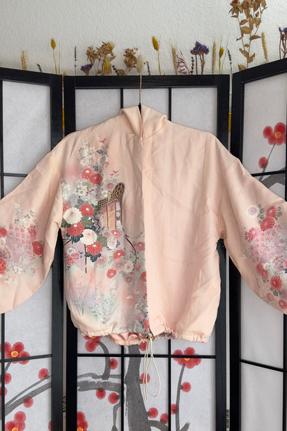 Upcycled Kimono Cropped Hoodie Pink