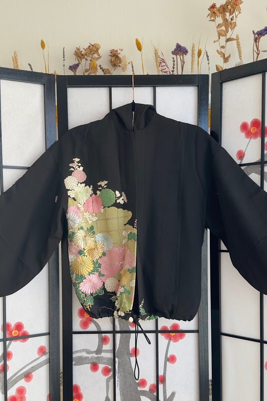 Upcycled Kimono Kodomo Hoodie Black