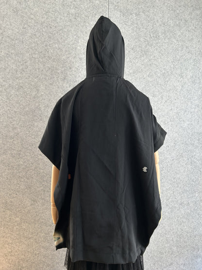 Black hooded kimono poncho, plain black back view