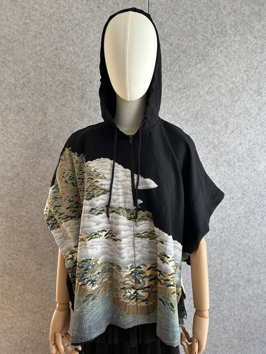 Black hooded kimono poncho with white cloud and pine hill landscape, front view